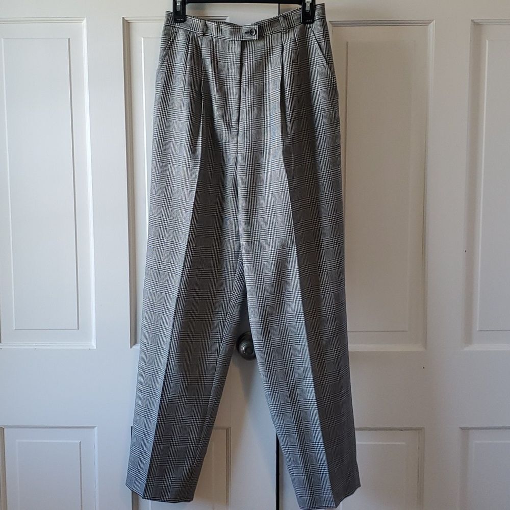 VINTAGE TALBOTS WOOL HOUNDSTOOTH GLEN PLAID PANTS BLACK WHITE SIZE 8 HIGH WAIST